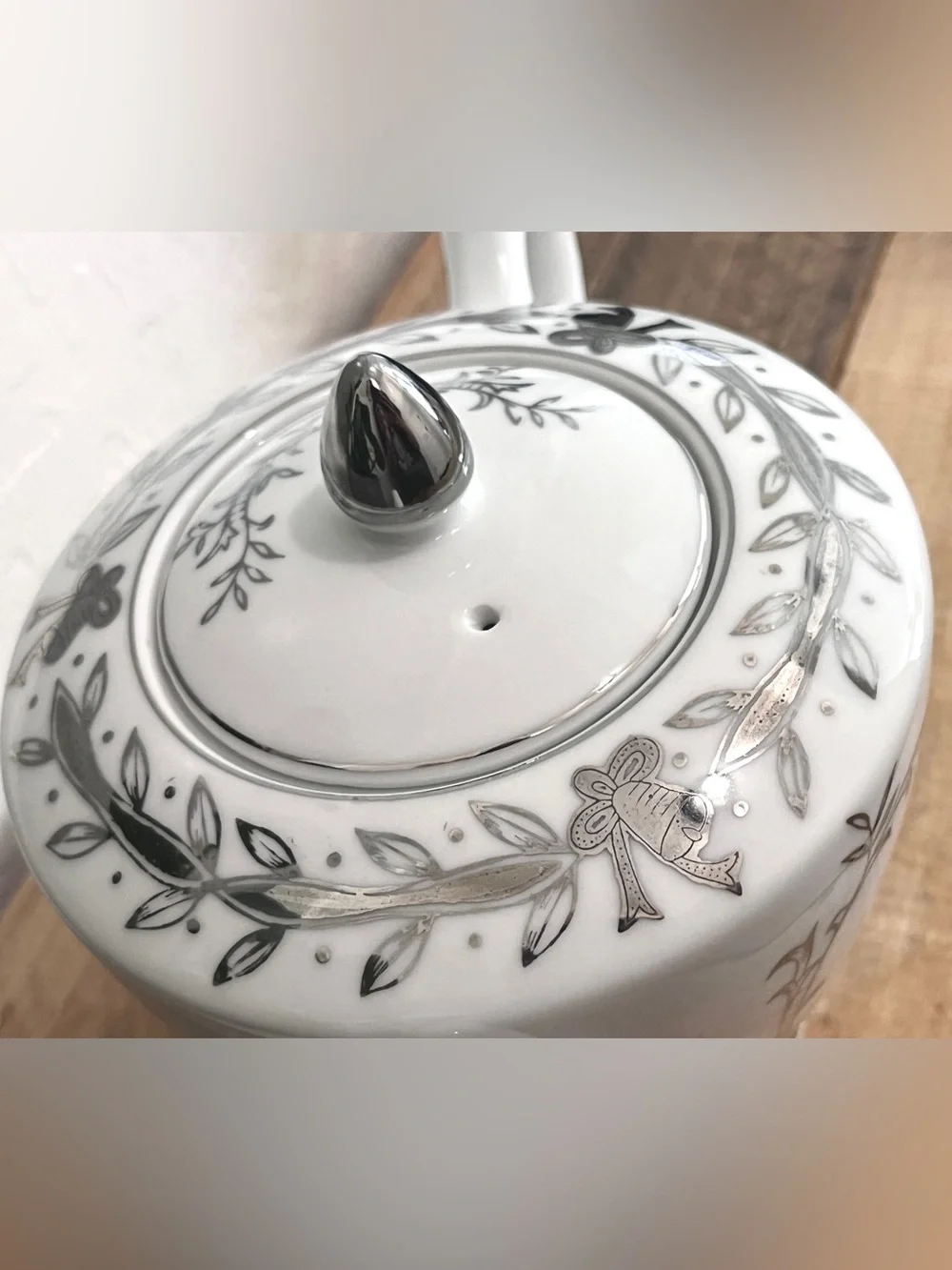 Vintage Lefton China 25th Anniversary Teapot NE279NP White Silver